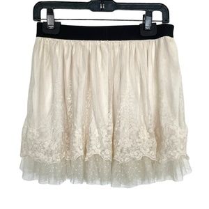 American Rag Cream Lace Mini Skirt with Black Waistband